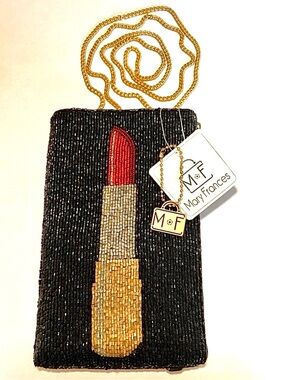 Mary Frances Black Beaded Lipstick Crossbody/Wristlet with Gold Chain NWT